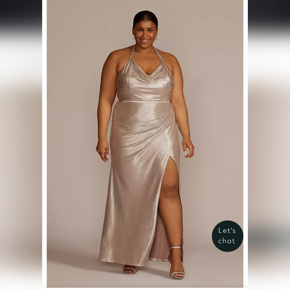 David's Bridal Rosegold Metallic Halter Cowl Neck With Slit Dress